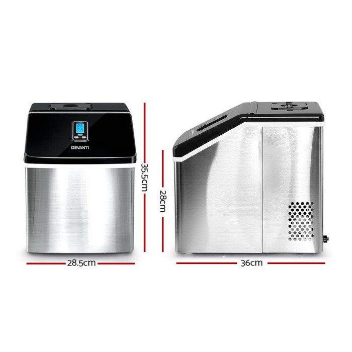 Portable stainless steel benchtop ice maker dimensions shown.