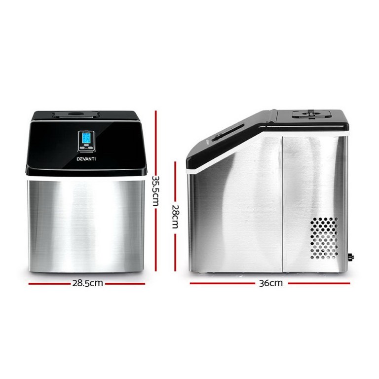 Portable stainless steel benchtop ice maker dimensions shown.