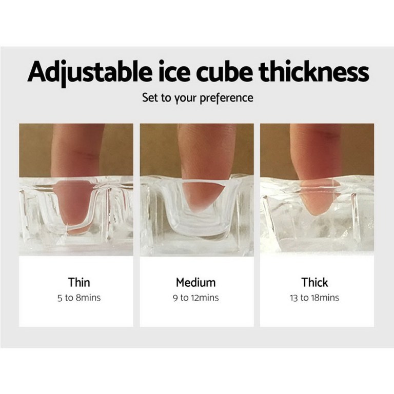 Adjustable ice cube thickness options: thin, medium, thick.