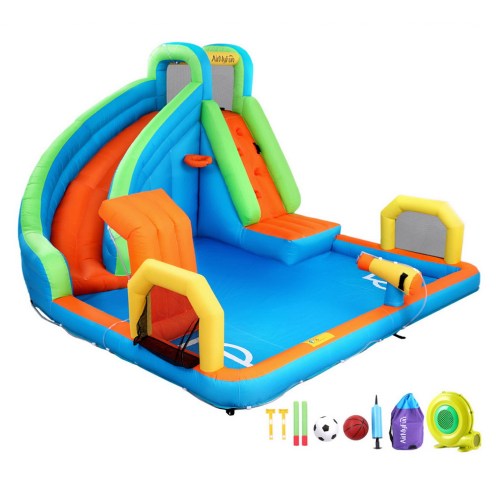 Inflatable kids playset with slides and accessories.
