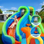 airmyfun kids inflatable pool water slide cannon splash park castle outdoor toys 427x374cm Child enjoying inflatable water slide with hoop.