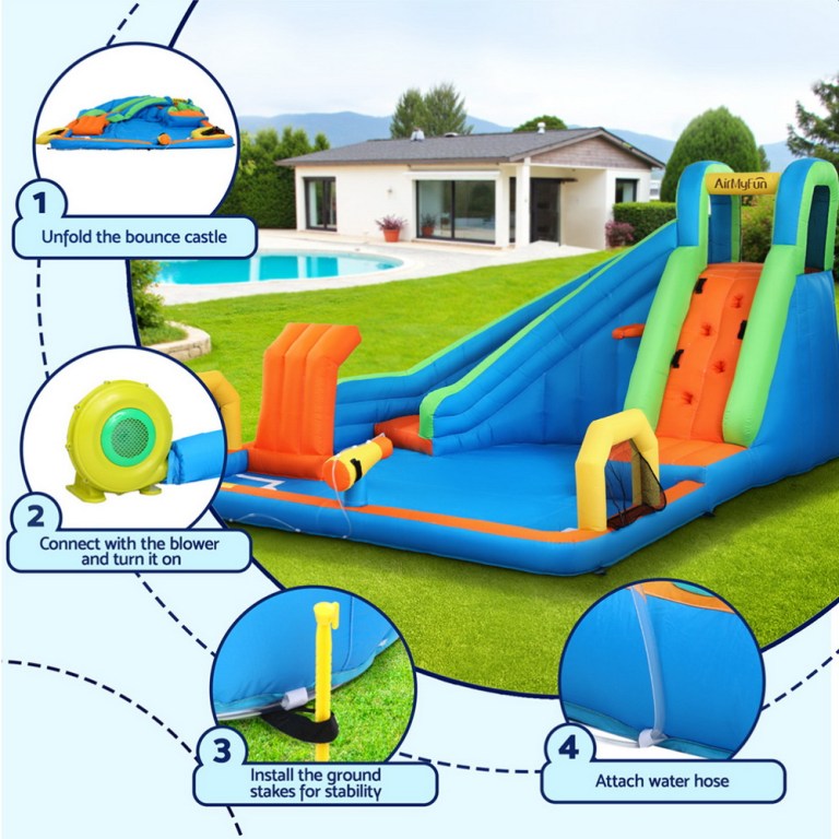 airmyfun kids inflatable pool water slide cannon splash park castle outdoor toys 427x374cm Inflatable water slide setup in garden with pool.