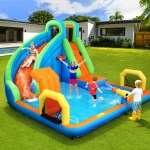 airmyfun kids inflatable pool water slide cannon splash park castle outdoor toys 427x374cm Kids playing on inflatable water slide in backyard.