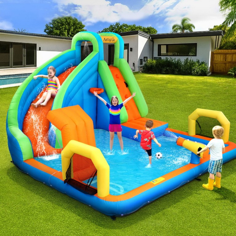 airmyfun kids inflatable pool water slide cannon splash park castle outdoor toys 427x374cm Kids playing on inflatable water slide in backyard.