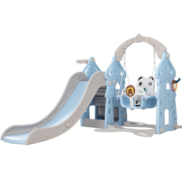Children's indoor slide and swing set, blue and grey.