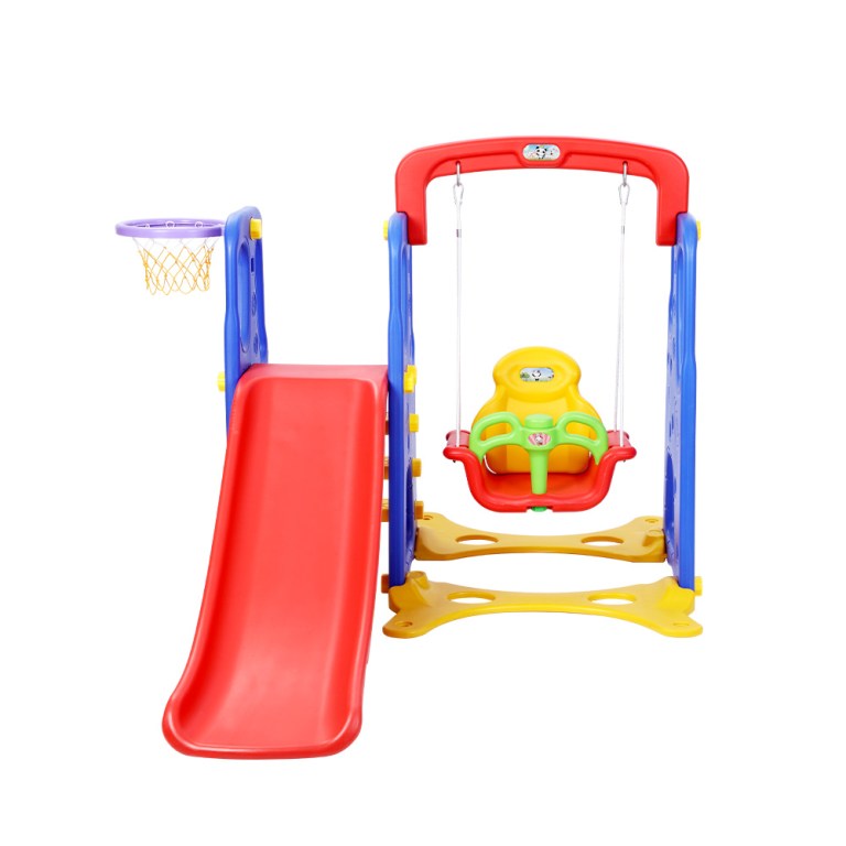 keezi kids slide swing set basketball hoop outdoor playground toys 120cm blue Colourful toddler slide and swing set with hoop.
