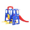 Colourful kids playset with slide and basketball hoop.