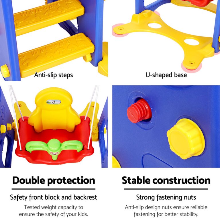 keezi kids slide swing set basketball hoop outdoor playground toys 120cm blue Children's slide details: steps, U-base, protection, stability.