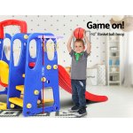 keezi kids slide swing set basketball hoop outdoor playground toys 120cm blue Child playing basketball with indoor hoop and slide.