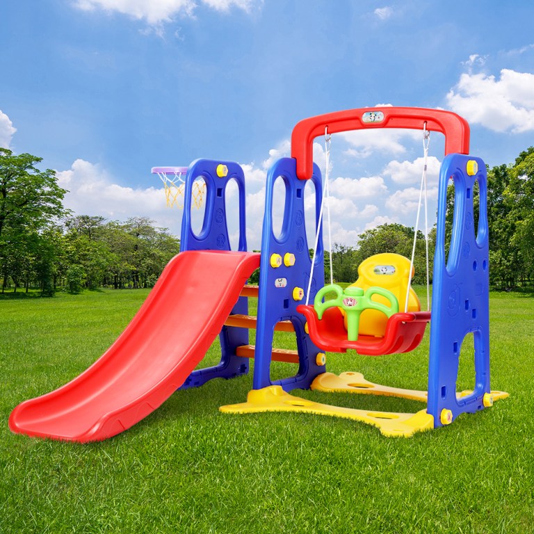 keezi kids slide swing set basketball hoop outdoor playground toys 120cm blue Colourful playground set with slide and swing.