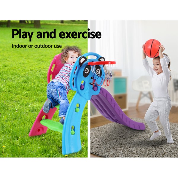 keezi kids slide set basketball hoop indoor outdoor playground toys 100cm blue Kids playing with colourful indoor-outdoor playground equipment.