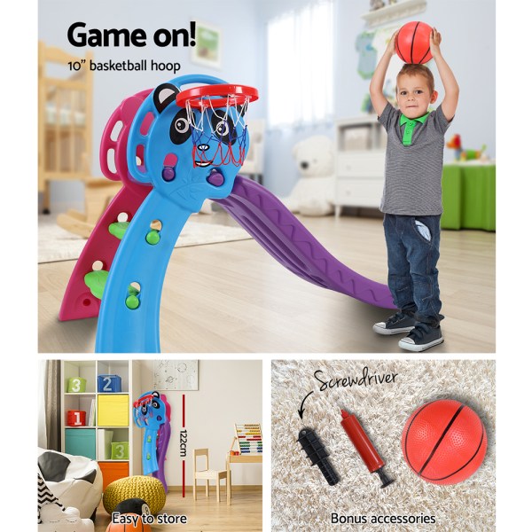 keezi kids slide set basketball hoop indoor outdoor playground toys 100cm blue Kid playing with indoor basketball hoop set.
