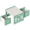 Kids' activity table with green chairs.