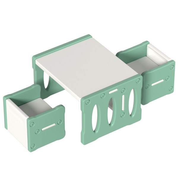 Kids' activity table with green chairs.