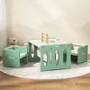 Children's play table with green chairs and abacus.