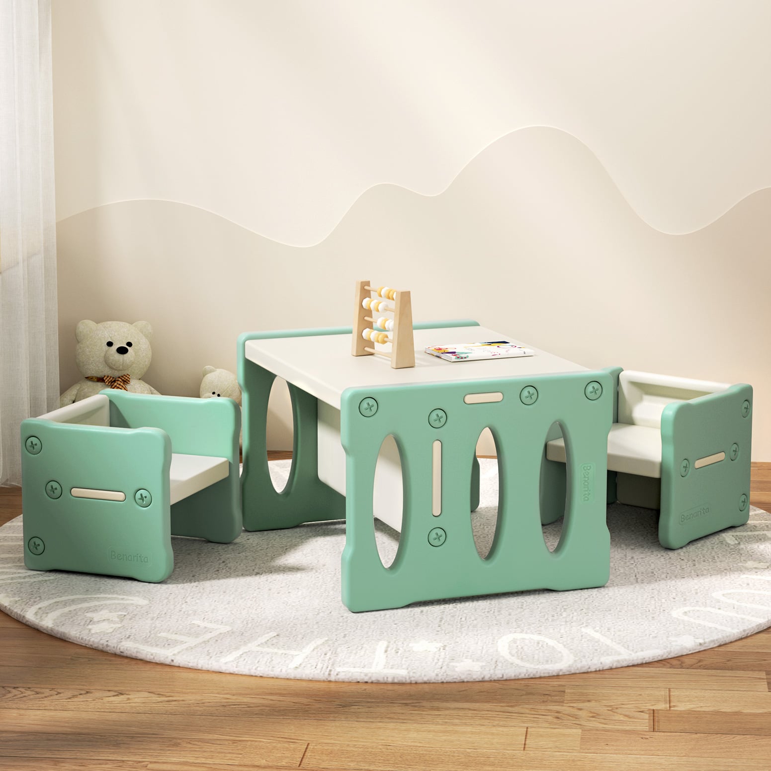 Children's play table with green chairs and abacus.