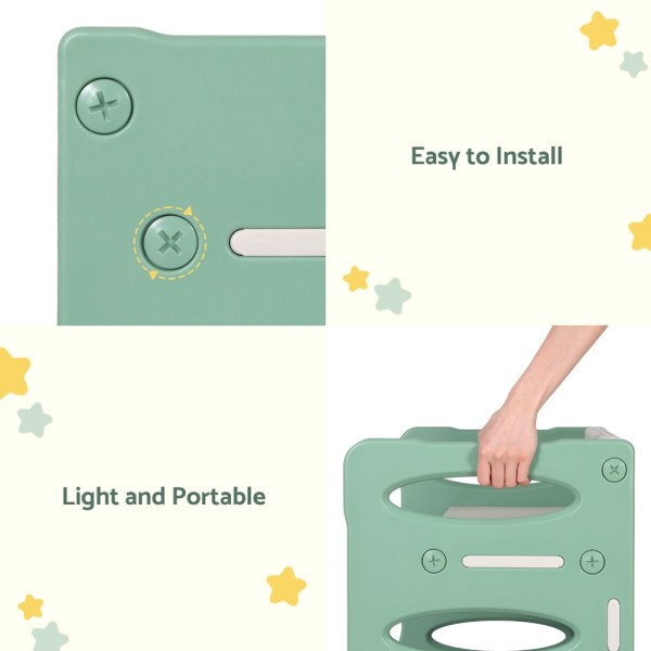 Green collapsible step stool, easy to install, portable.
