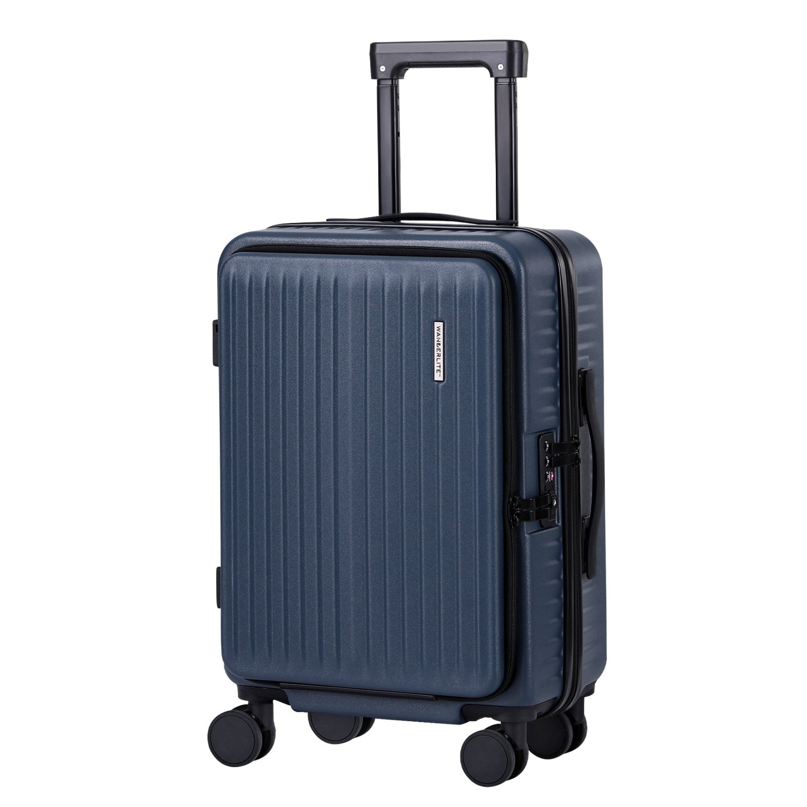 Blue hard-shell luggage with wheels and handle.