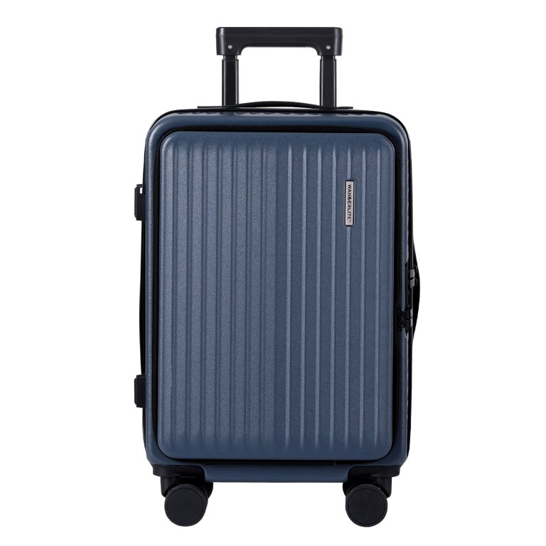 Blue hard-shell suitcase with wheels and handle.