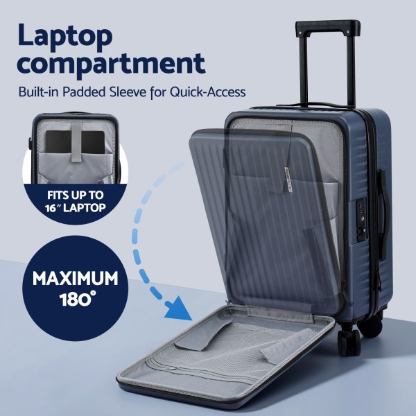 wanderlite 20 luggage suitcase front pocket travel carry on dual tsa navy" Suitcase laptop compartment with 180-degree opening.