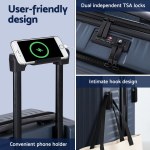 Luggage with phone holder, TSA locks, hook design.