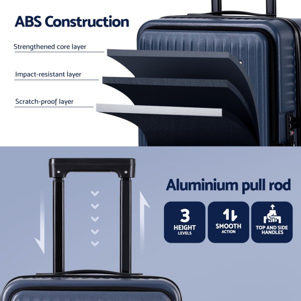wanderlite 20 luggage suitcase front pocket travel carry on dual tsa navy" Luggage with ABS construction and aluminium pull rod.