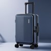 wanderlite 20 luggage suitcase front pocket travel carry on dual tsa navy" Blue suitcase with spinner wheels on display