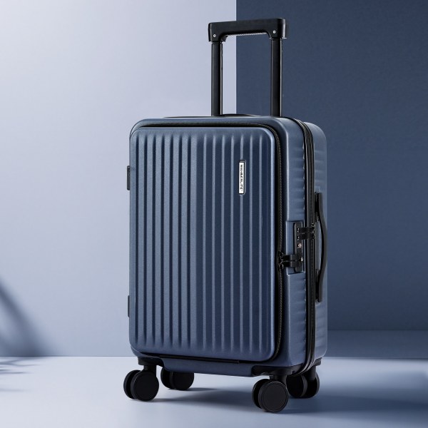 wanderlite 20 luggage suitcase front pocket travel carry on dual tsa navy" Blue suitcase with spinner wheels on display