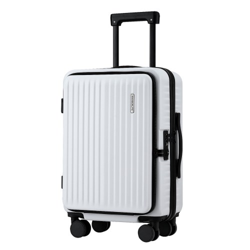 lug abs pok 20 wh 202508221106 00.jpg White suitcase with four wheels and telescopic handle.