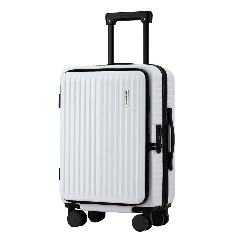 lug abs pok 20 wh 202508221106 00.jpg White suitcase with four wheels and telescopic handle.