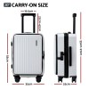wanderlite 20 luggage suitcase front pocket travel carry on dual tsa white" White carry-on suitcase with size measurements.