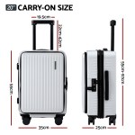 wanderlite 20 luggage suitcase front pocket travel carry on dual tsa white" White carry-on suitcase with size measurements.