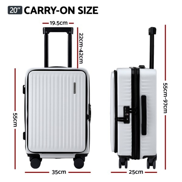 wanderlite 20 luggage suitcase front pocket travel carry on dual tsa white" White carry-on suitcase with size measurements.