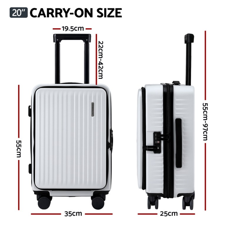 wanderlite 20 luggage suitcase front pocket travel carry on dual tsa white" White carry-on suitcase with size measurements.