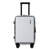 wanderlite 20 luggage suitcase front pocket travel carry on dual tsa white" White suitcase with black handle and wheels.