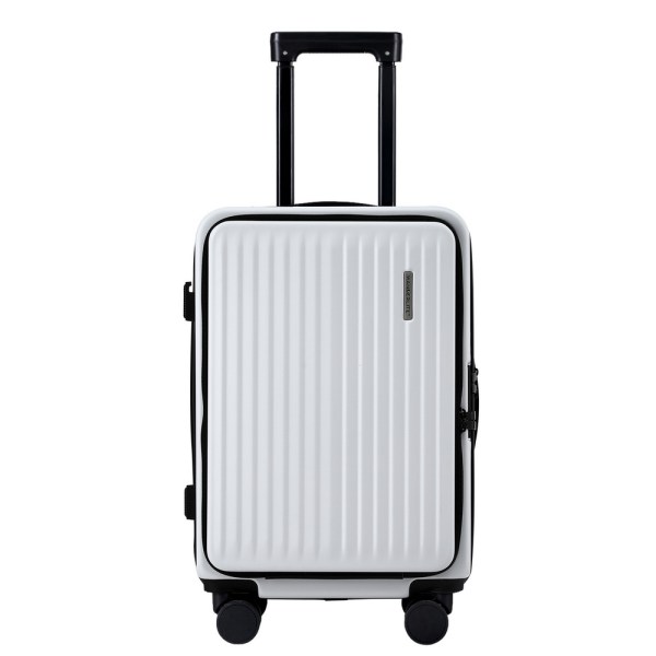 wanderlite 20 luggage suitcase front pocket travel carry on dual tsa white" White suitcase with black handle and wheels.