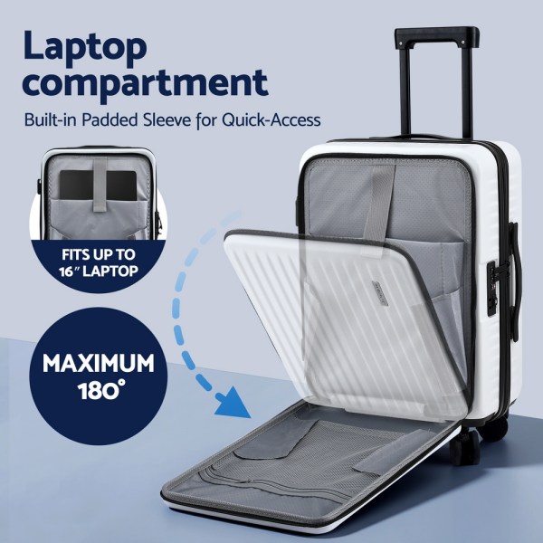 wanderlite 20 luggage suitcase front pocket travel carry on dual tsa white" Suitcase with padded laptop sleeve, opens 180 degrees.