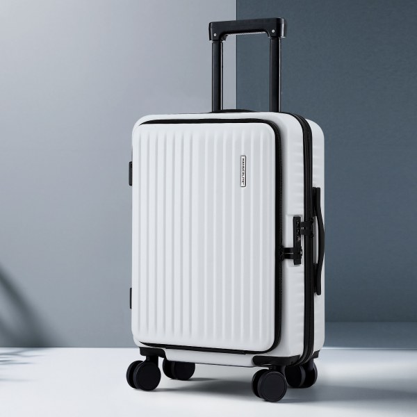wanderlite 20 luggage suitcase front pocket travel carry on dual tsa white" White hard-shell suitcase with wheels and handle