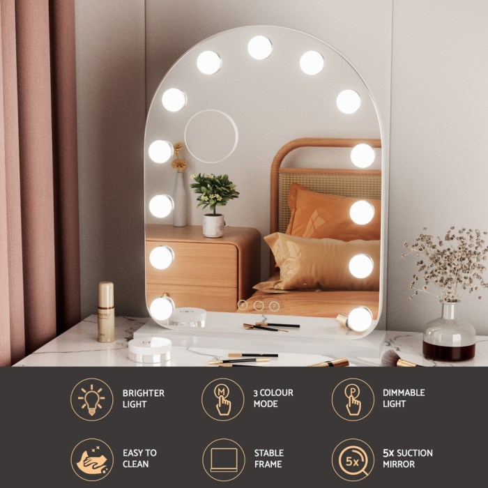 embellir makeup mirror 40x50cm dressing vanity led bulb light with 5x magnification white arch Illuminated vanity mirror with features highlighted.