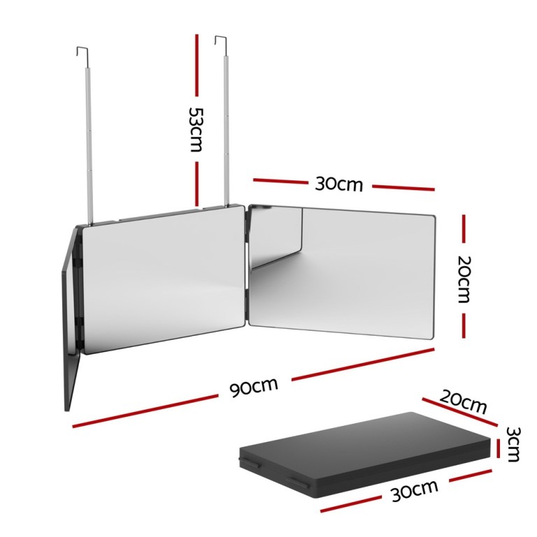 embellir trifold mirror makeup portable with height adjustable 3 way telescoping hook hair cutting styling Foldable mirror with dimensions highlighted.
