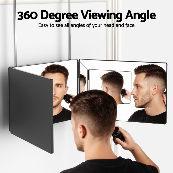 embellir trifold mirror makeup portable with height adjustable 3 way telescoping hook hair cutting styling 360-degree mirror reflects man's haircut and face angles.