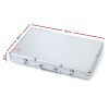 Silver briefcase with dimensions marked.