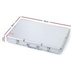 Silver briefcase with dimensions marked.