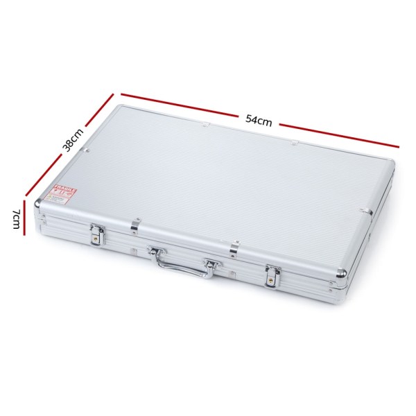 Silver briefcase with dimensions marked.