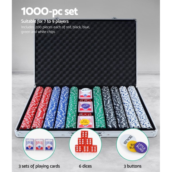 1000-piece poker set with chips, cards, dice.