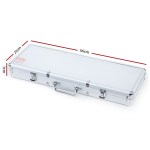 Silver aluminium case, 56x21x7cm, with handle.