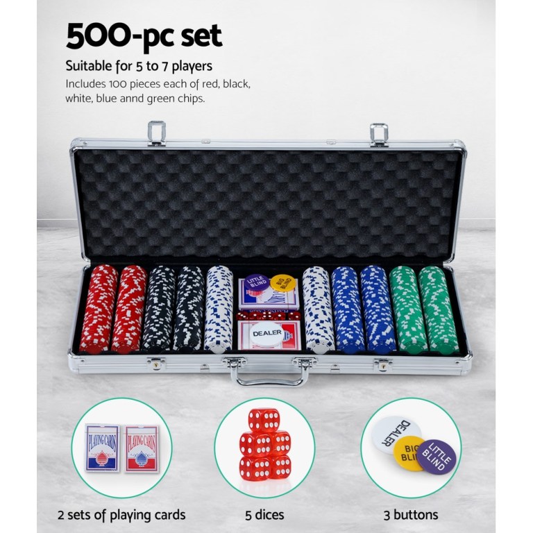 500-piece poker set with chips, dice, cards.