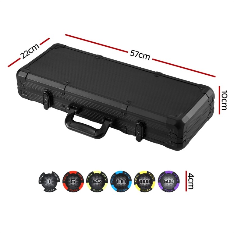 Black poker chip case with dimensions and chips displayed.