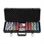 Poker chip set in open black case.