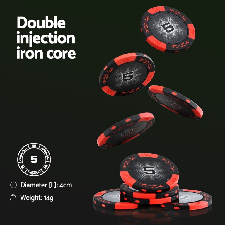 Double injection iron core poker chips, black-red design.
